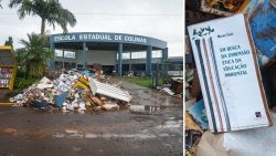 livros-sobre-meio-ambiente-aparecem-em-pilha-de-material-encharcado-de-biblioteca-escolar-em-colina-(rs)